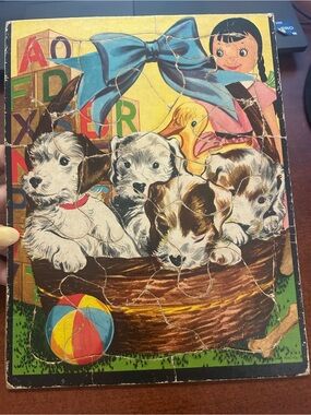 Vintage Whitman Puppies in Basket Tray Puzzle Complete Cardboard Puzzle